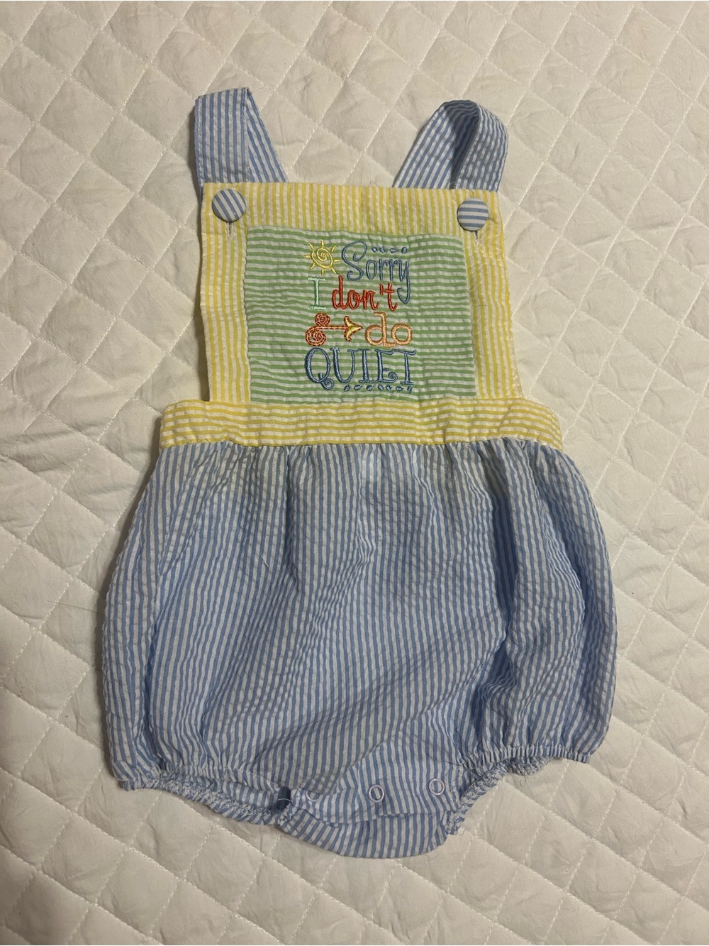 Classic Whimsy Striped Blue & Yellow Seersucker Baby Overall Romper